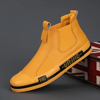 2023 Осенне-зимние Модные Желтые мужские кожаные ботинки, Мужские Повседневные кроссовки без застежки с высоким берцем, Удобная теплая мужская Вулканизированная обувь