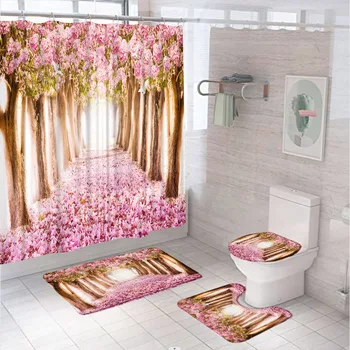 Розовая вишневая елка Для ванной Комнаты, Набор занавесок для душа, Лесные цветочные пейзажи, Тканевый экран, противоскользящий коврик для ванной, крышка унитаза, коврик