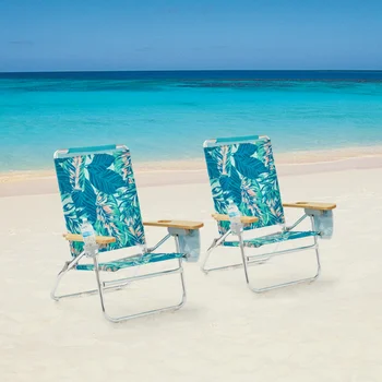 Пляжный стул Комфортной высоты с откидывающейся деревянной ручкой, Складной стул с зеленой пальмой, шезлонг с откидной спинкой, Пляжный стул