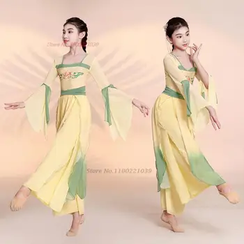2023 китайское детское винтажное платье, костюм, сетчатые топы с цветочным принтом + брюки, комплект, платье принцессы, сценический танцевальный костюм
