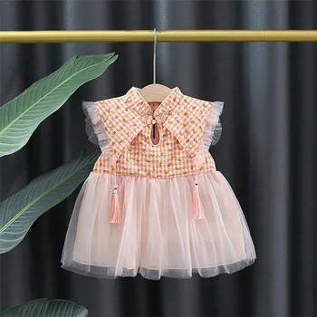 2023 летняя одежда для маленьких девочек, клетчатое платье с короткими рукавами для новорожденных девочек, сетчатая юбка принцессы в стиле пэчворк, одежда для дня рождения ребенка